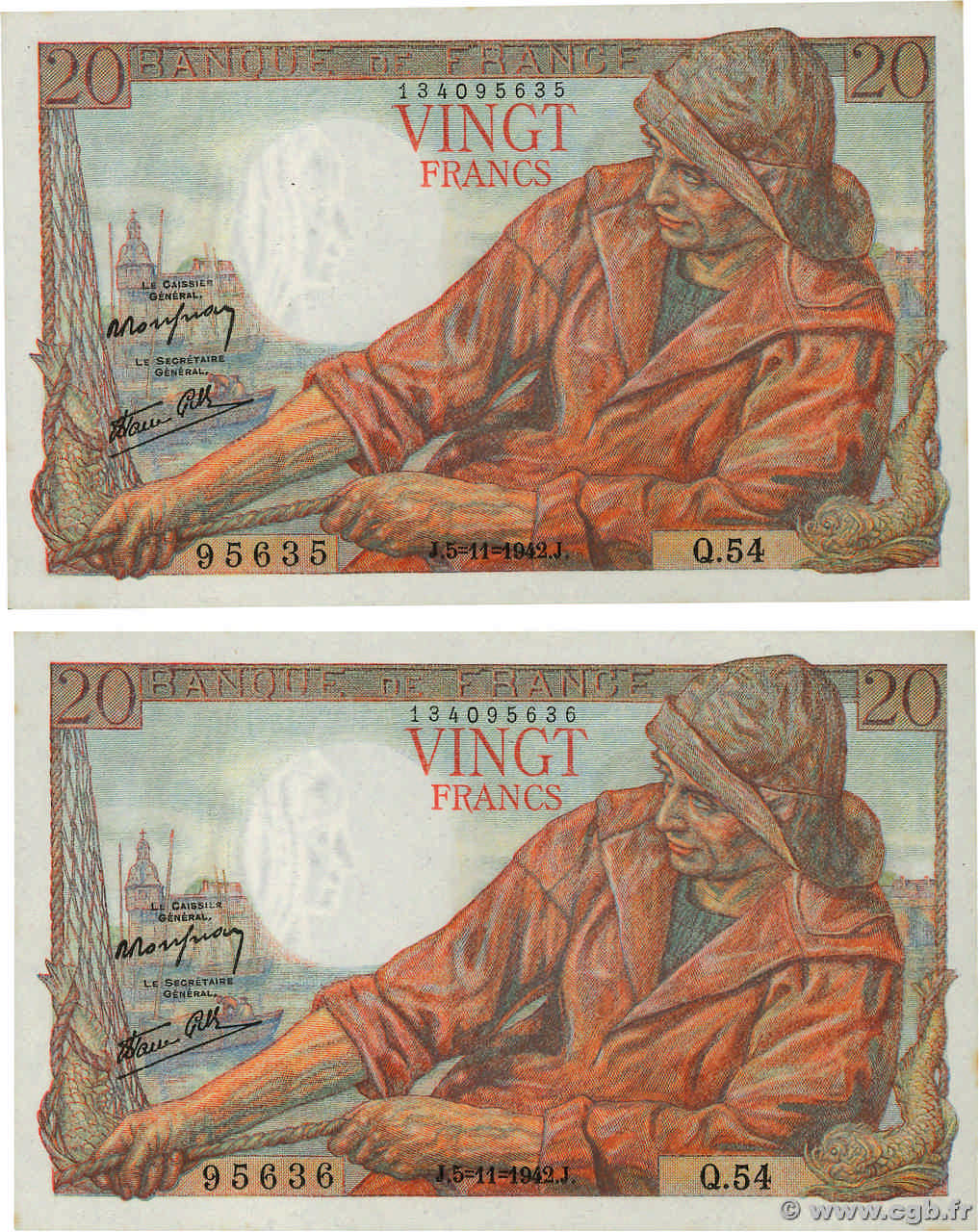 20 Francs PÊCHEUR Consécutifs FRANCE  1942 F.13.04 UNC-