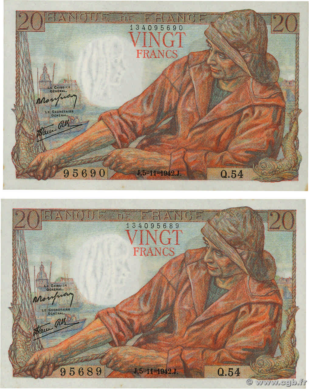 20 Francs PÊCHEUR Consécutifs FRANCE  1942 F.13.04 UNC-