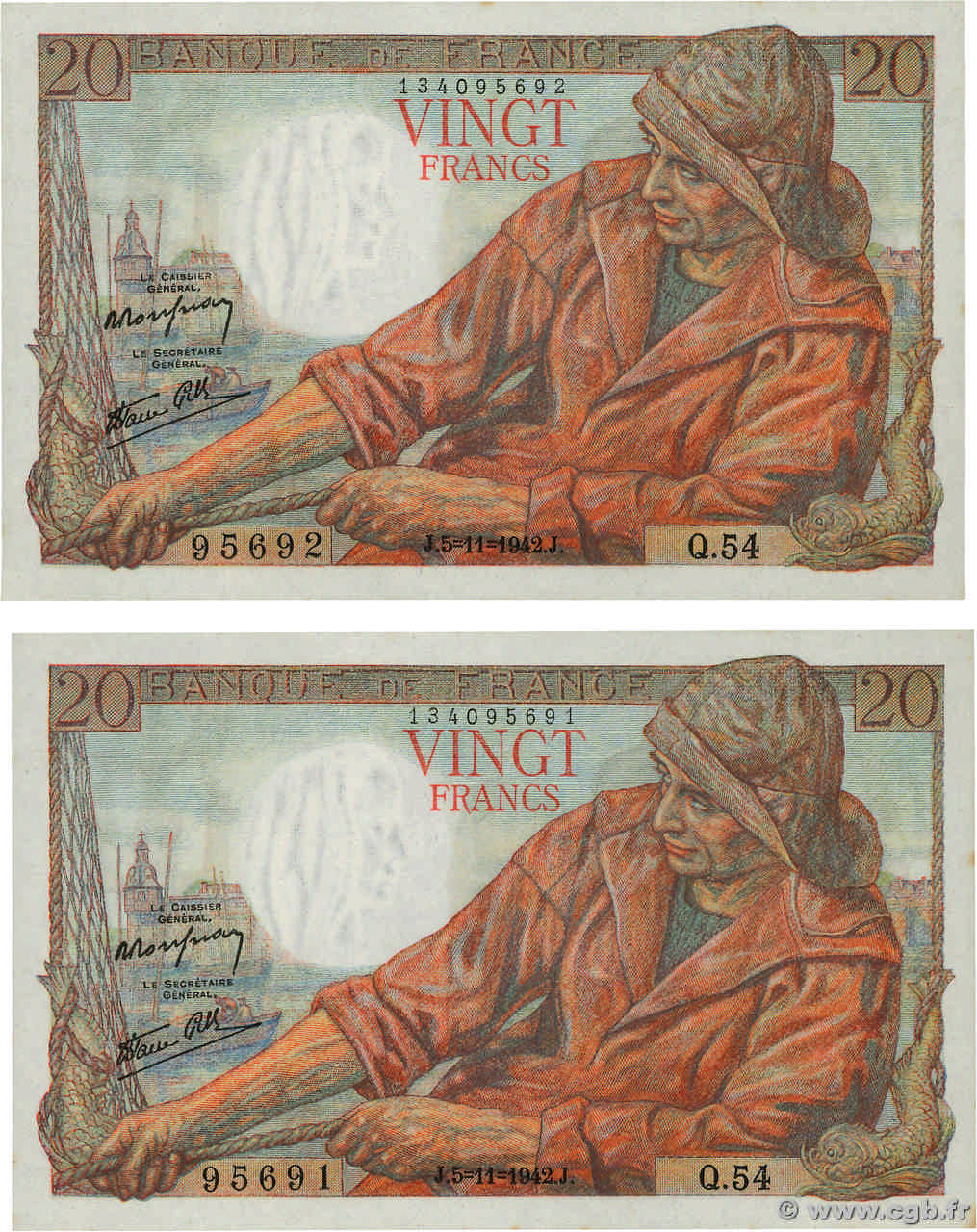 20 Francs PÊCHEUR Consécutifs FRANCE  1942 F.13.04 UNC-