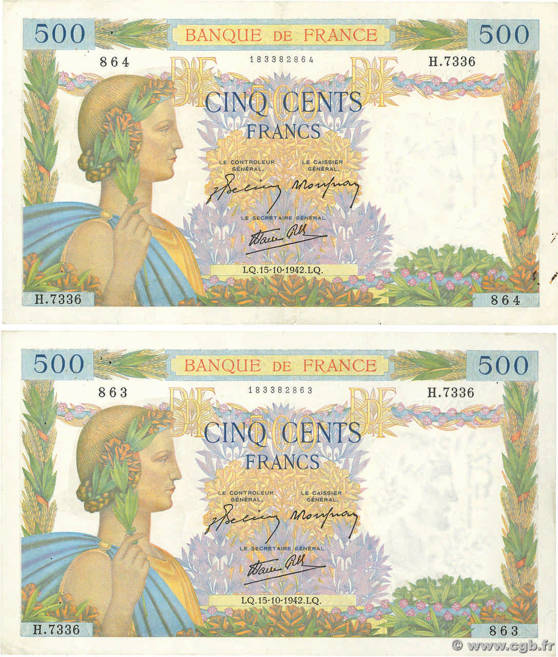 500 Francs LA PAIX Consécutifs FRANCE  1942 F.32.42 VF