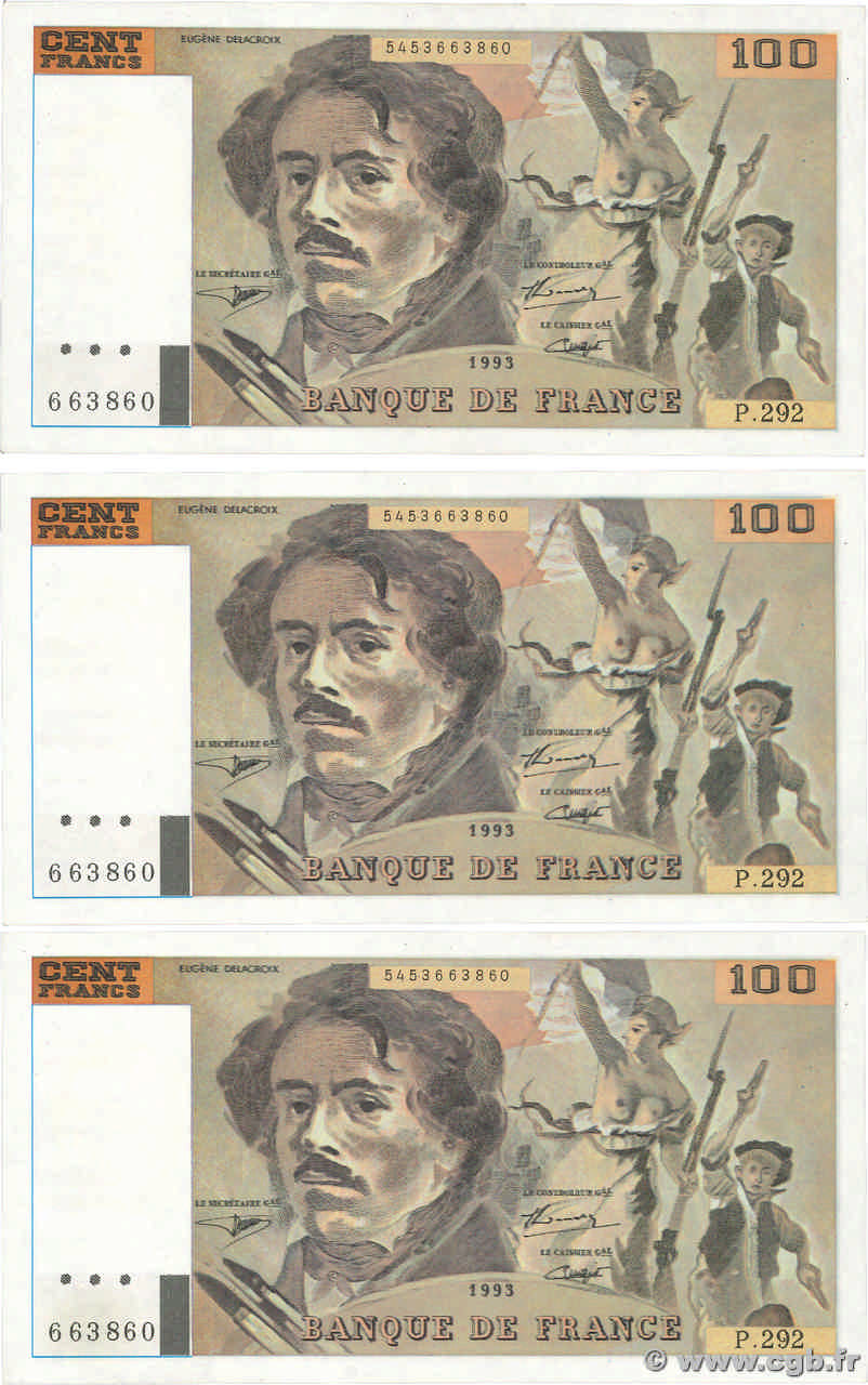 100 Francs DELACROIX 442-1 & 442-2 Faux FRANCE  1995 F.69ter.02c UNC-
