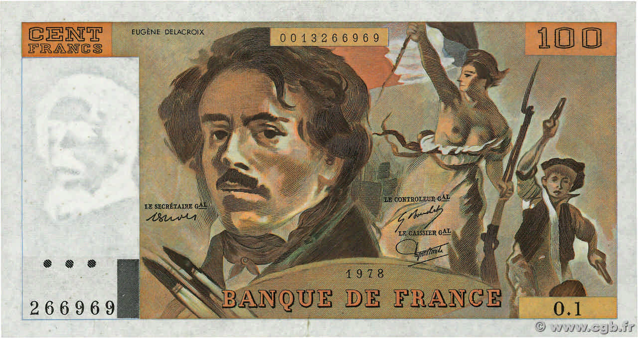 100 Francs DELACROIX FRANCE  1978 F.68.01 VF+