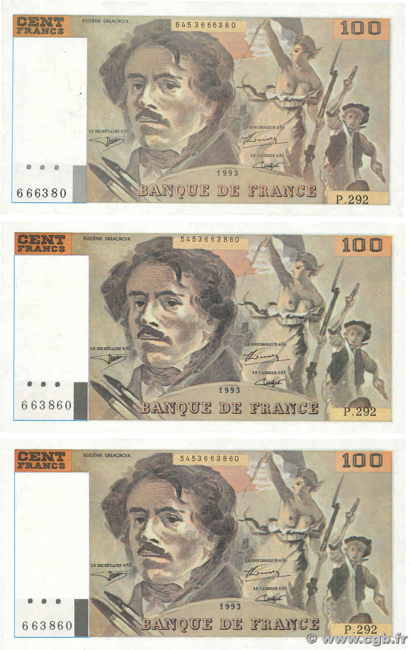 100 Francs DELACROIX 442-1 & 442-2 Faux FRANCE  1995 F.69ter.02c UNC-