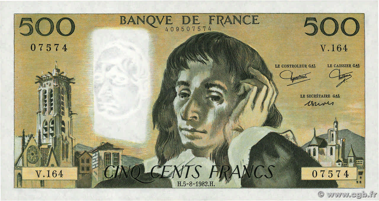 500 Francs PASCAL FRANCE  1982 F.71.27 AU