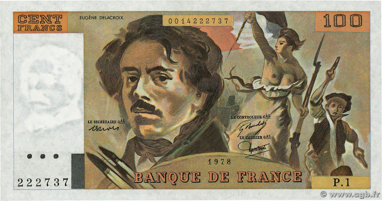 100 Francs DELACROIX FRANCE  1978 F.68.01 XF-