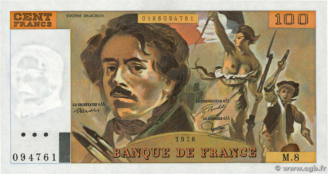 100 Francs DELACROIX modifié FRANCE  1978 F.69.01e UNC-