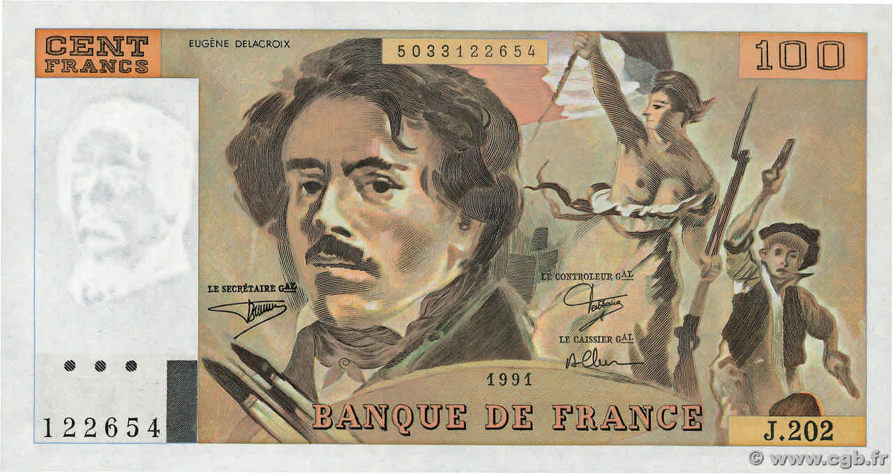 100 Francs DELACROIX imprimé en continu FRANCE  1991 F.69bis.03c1 SPL