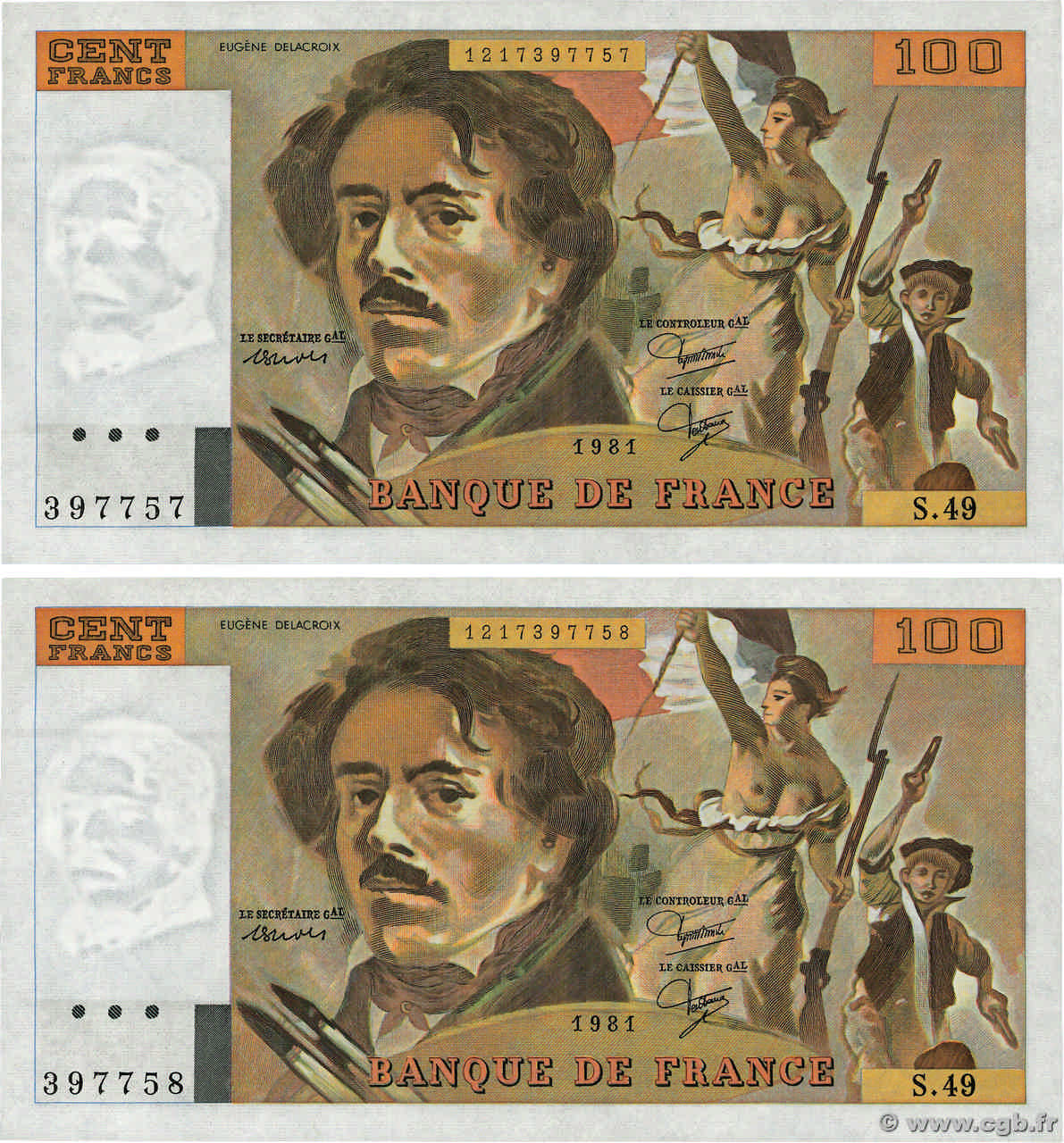 100 Francs DELACROIX modifié Consécutifs FRANCE  1981 F.69.05 NEUF