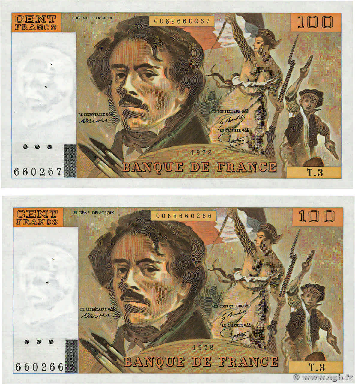 100 Francs DELACROIX Consécutifs FRANCE  1978 F.68.03 SUP