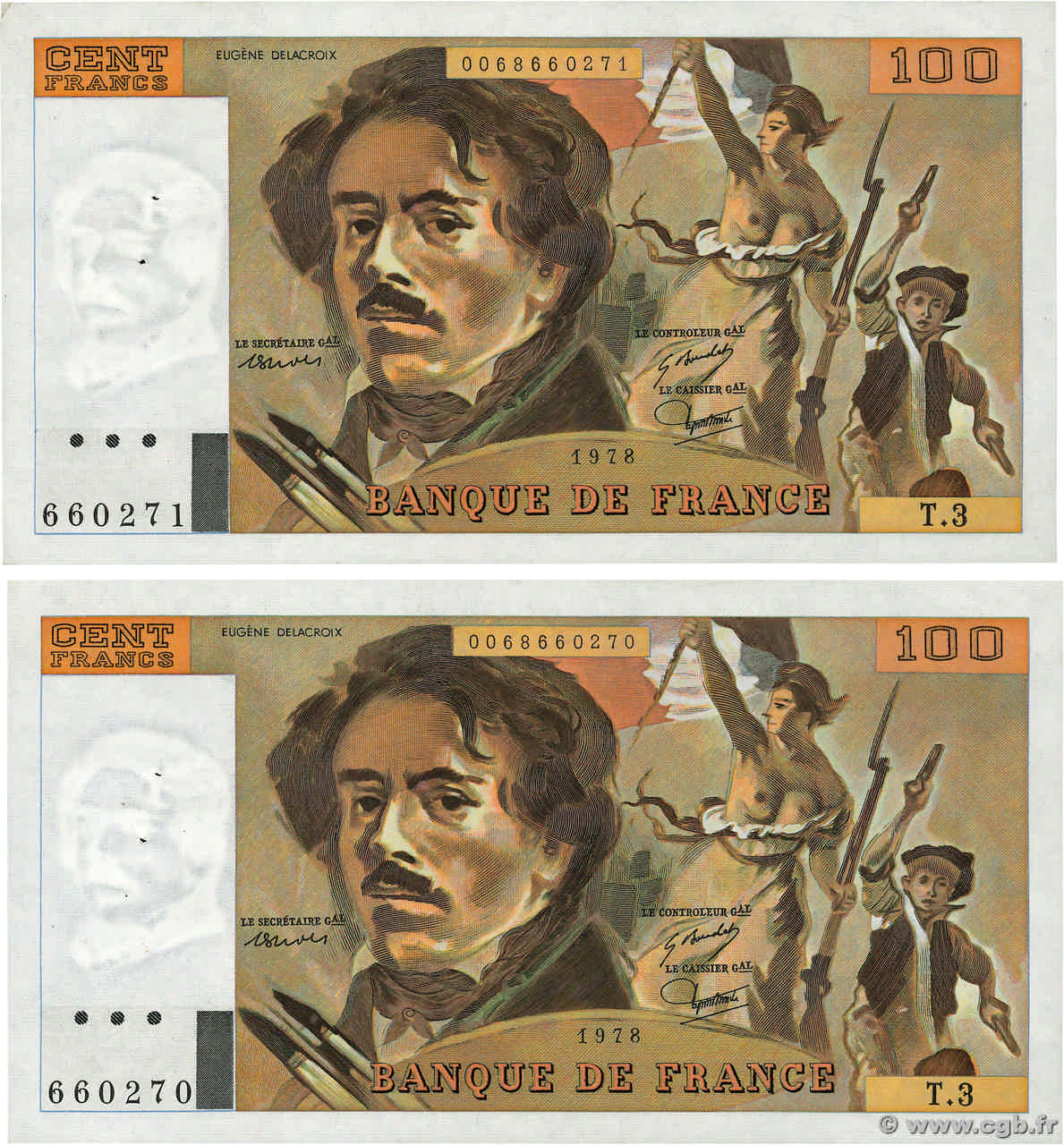 100 Francs DELACROIX Consécutifs FRANCIA  1978 F.68.03 MBC+