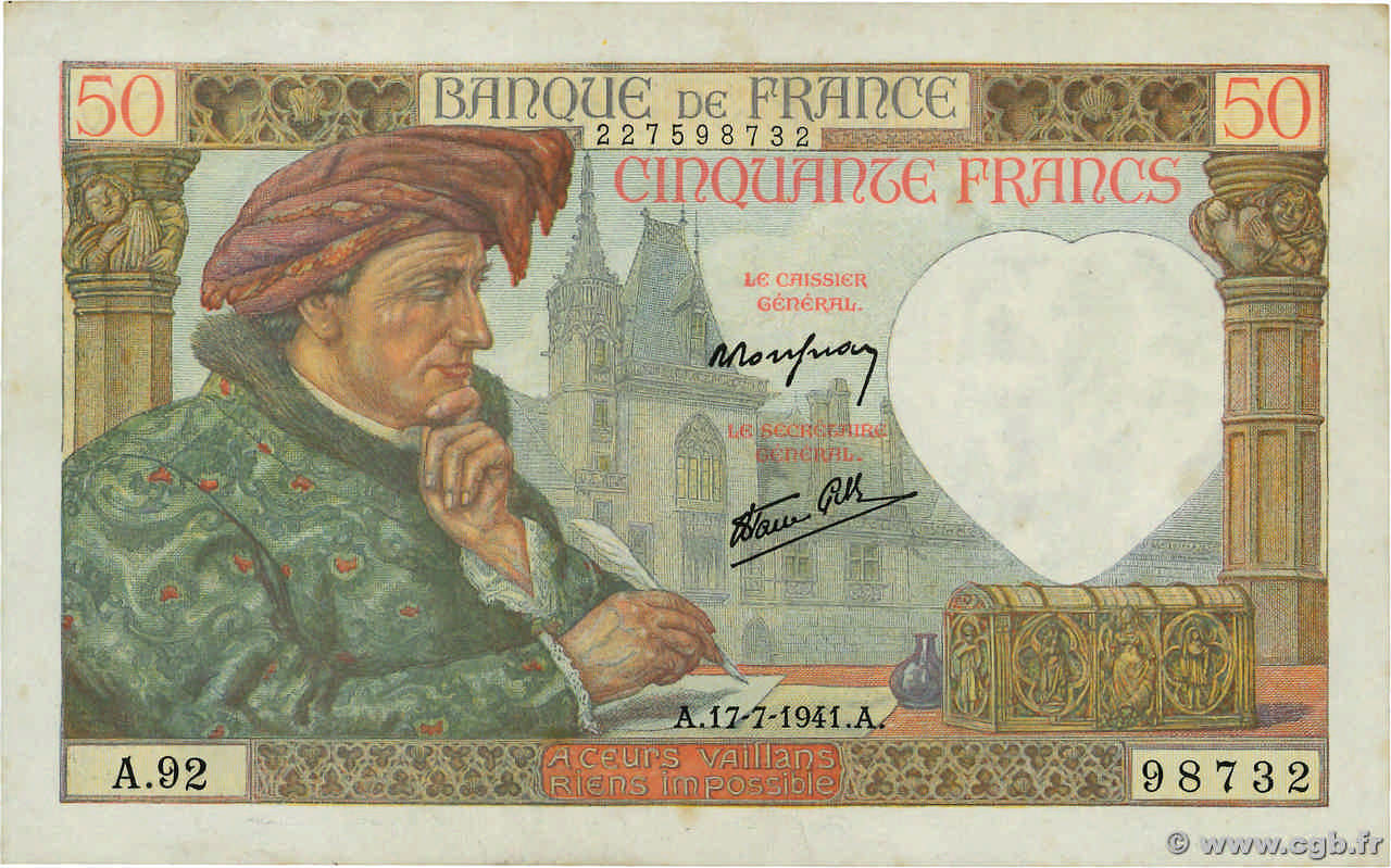 50 Francs JACQUES CŒUR FRANCE  1941 F.19.12 pr.SPL