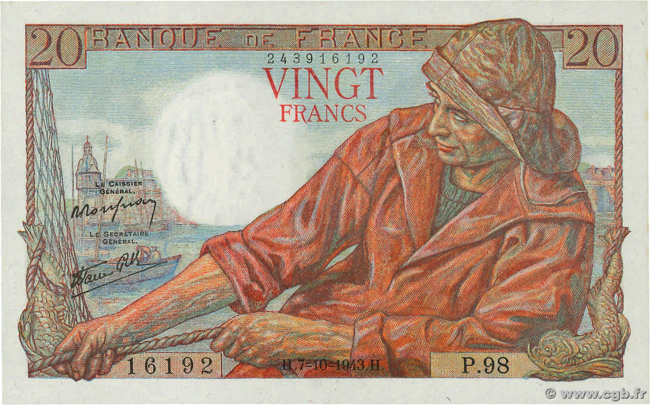 20 Francs PÊCHEUR FRANCE  1943 F.13.07 SPL+