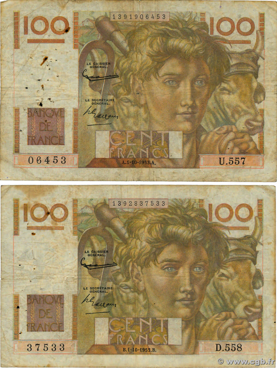 100 Francs JEUNE PAYSAN filigrane inversé FRANKREICH  1953 F.28bis.03 fSGE