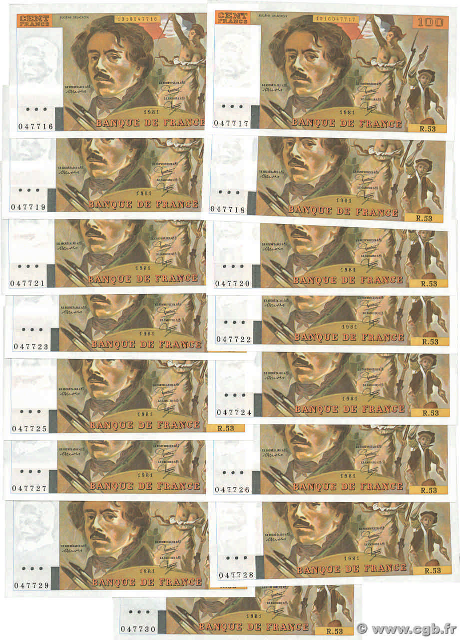 100 Francs DELACROIX modifié Consécutifs FRANCIA  1981 F.69.05 SC+