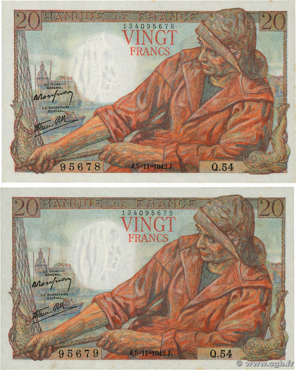 20 Francs PÊCHEUR Consécutifs FRANCIA  1942 F.13.04 SC+