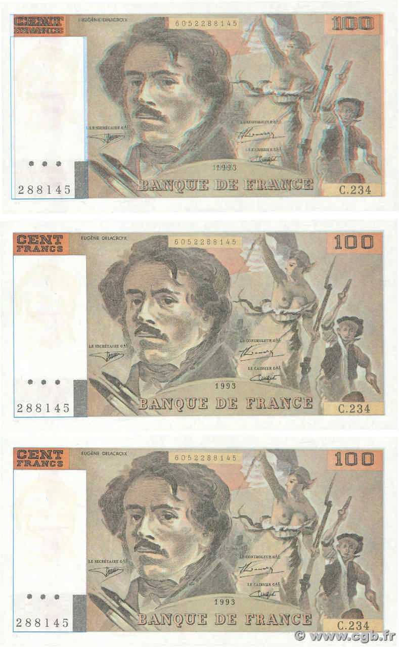 100 Francs DELACROIX imprimé en continu Faux FRANCIA  1993 F.69bis.08x q.FDC