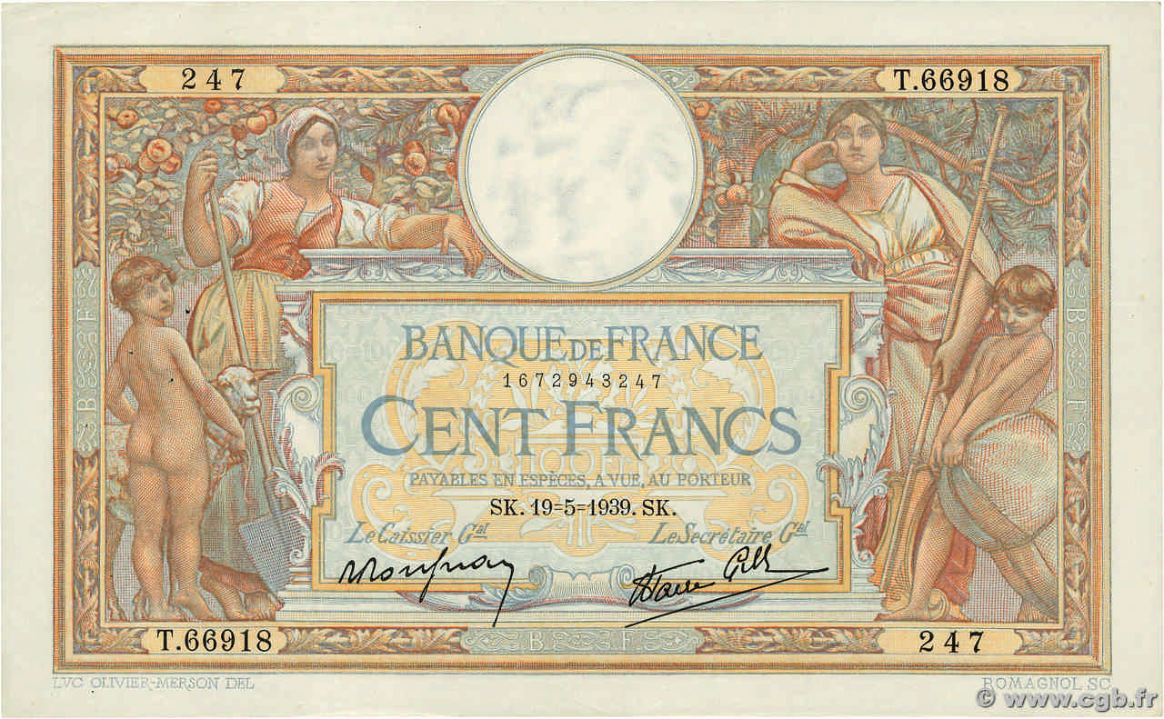 100 Francs LUC OLIVIER MERSON type modifié FRANCIA  1939 F.25.47 MBC+
