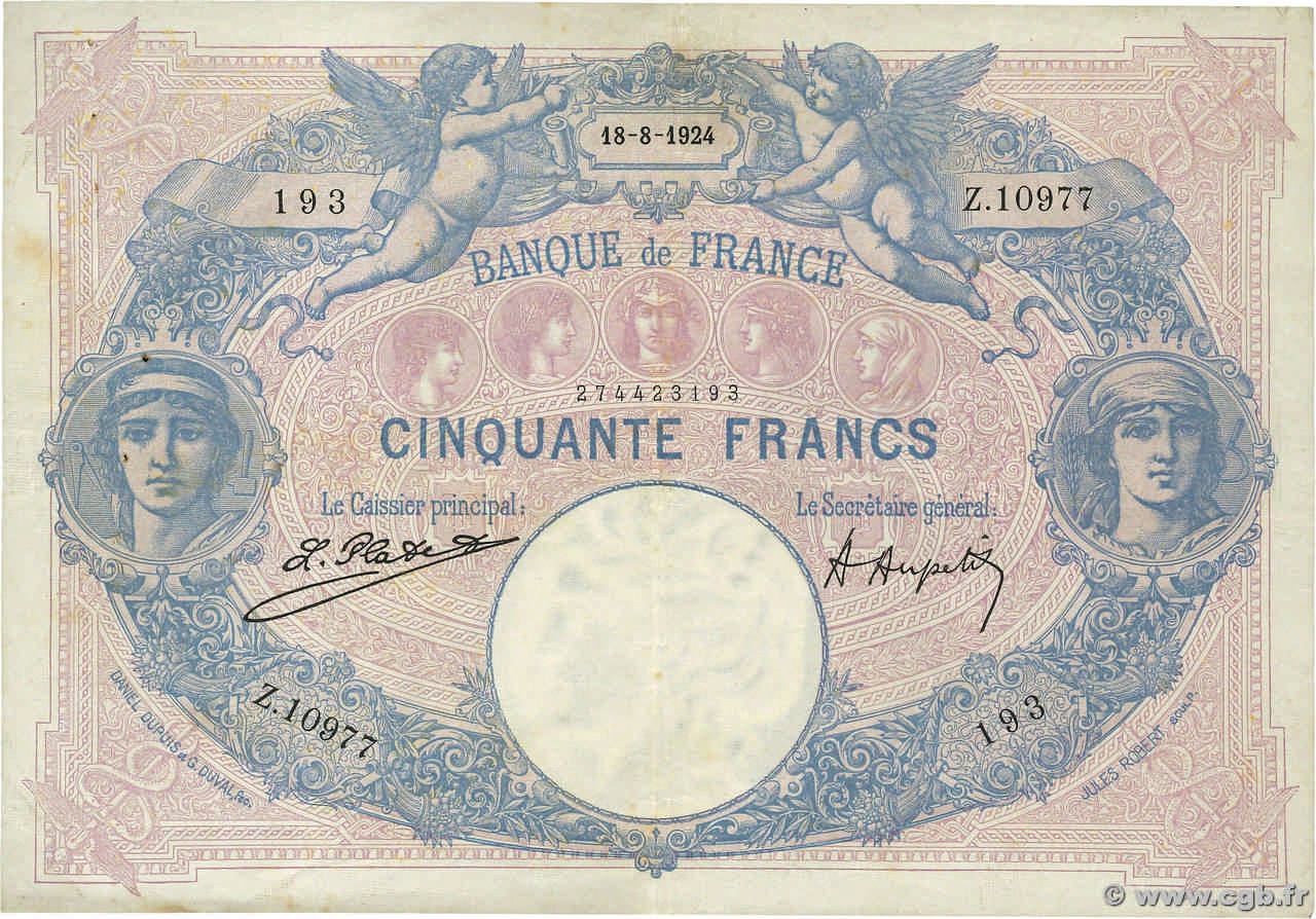 50 Francs BLEU ET ROSE FRANCIA  1924 F.14.37 q.BB