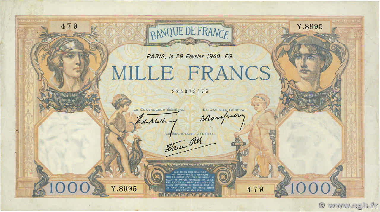 1000 Francs CÉRÈS ET MERCURE type modifié FRANCE  1940 F.38.43 VF