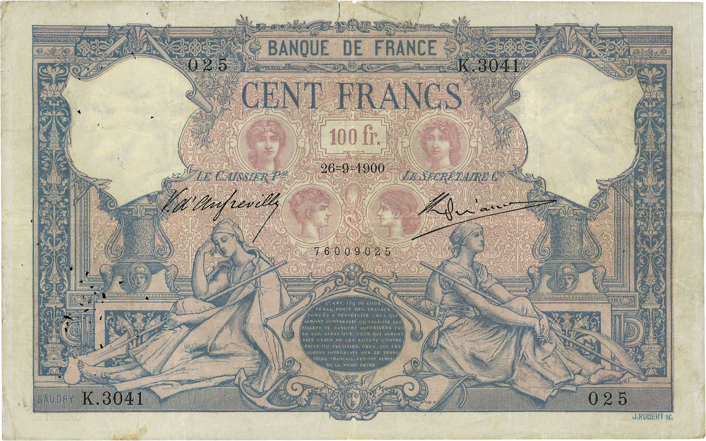 100 Francs BLEU ET ROSE FRANCE  1900 F.21.14 TB