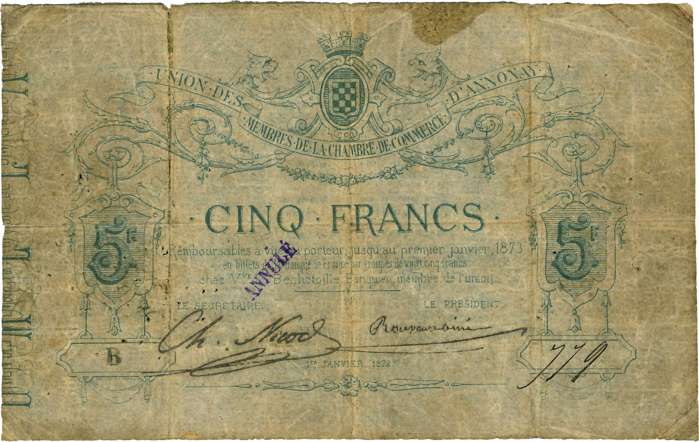 5 Francs Annulé FRANCE régionalisme et divers Annonay 1872 JER.07.01a TB