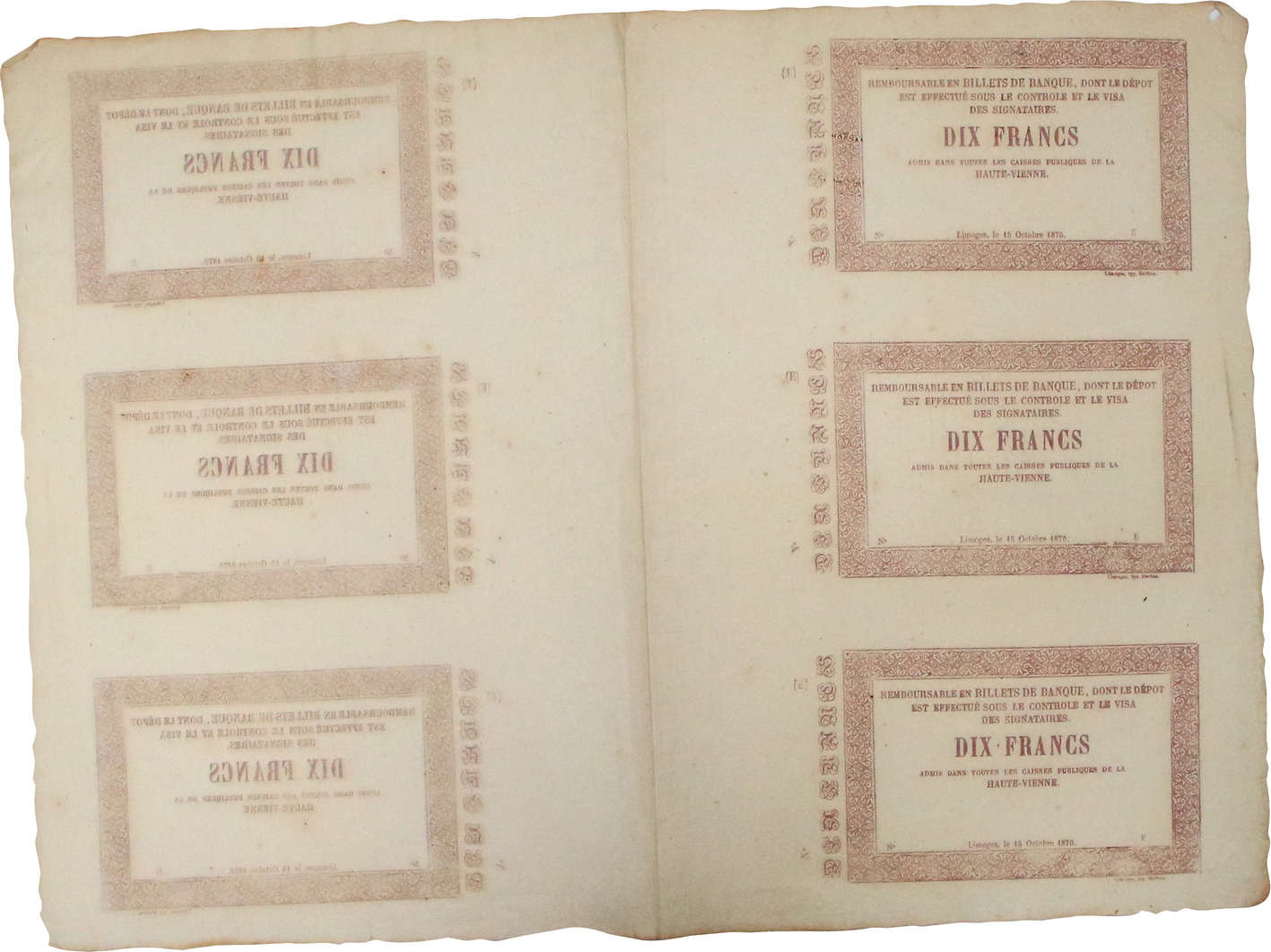 10 Francs Planche FRANCE régionalisme et divers Limoges 1870 JER.87.01cp SPL