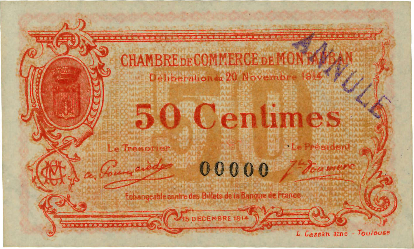 50 Centimes Spécimen FRANCE régionalisme et divers Montauban 1914 JP.083.03s var NEUF