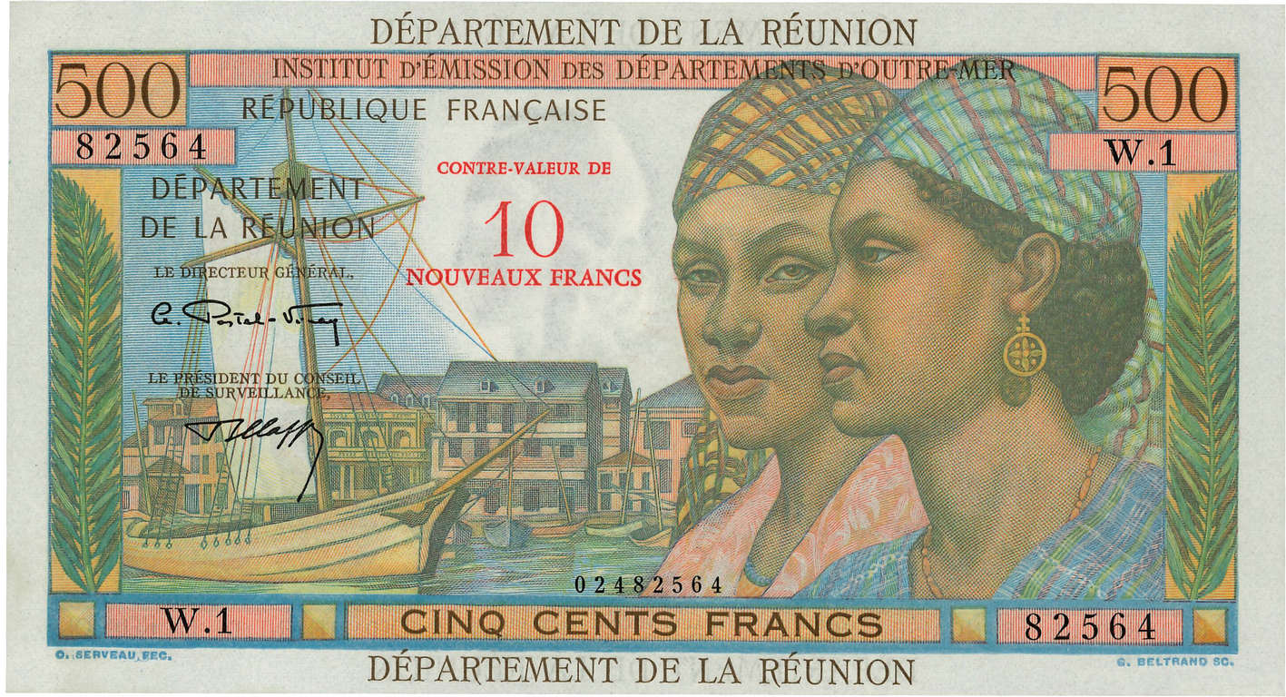 10 NF sur 500 Francs Pointe à Pitre ÎLE DE LA RÉUNION  1971 P.54b pr.NEUF