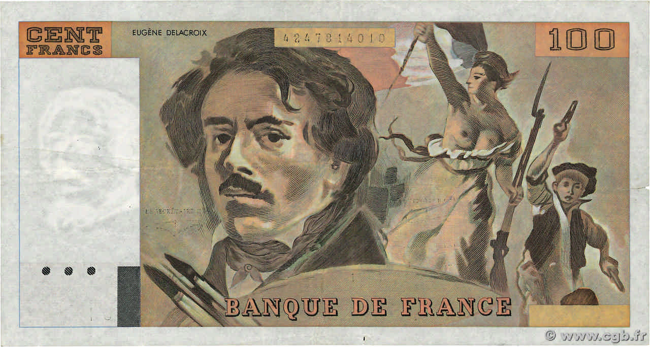 100 Francs DELACROIX imprimé en continu Fauté FRANCE  1991 F.69bis.03a1 TTB+