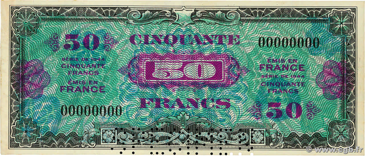 50 Francs DRAPEAU Spécimen FRANCE  1944 VF.19.00Sp UNC-