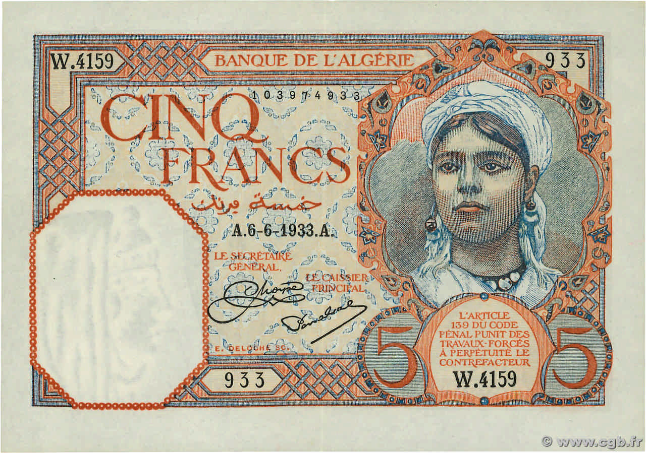 5 Francs ALGERIEN  1933 P.077a fST