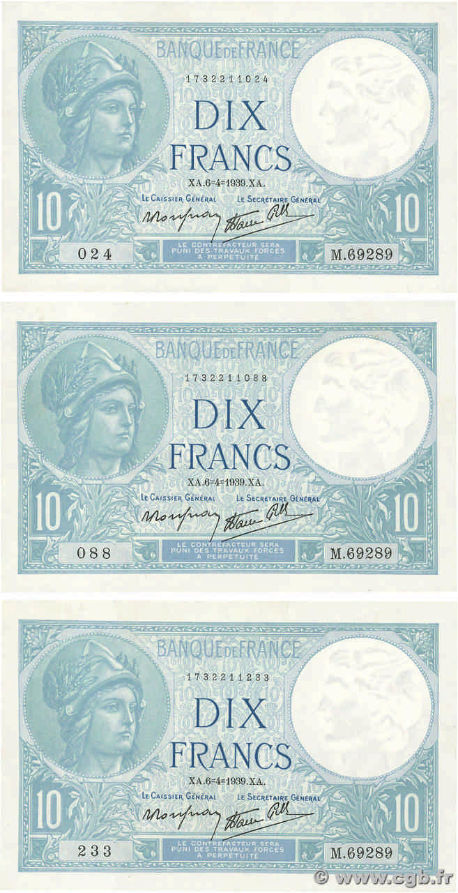 10 Francs MINERVE modifié Lot FRANCE  1939 F.07.02 AU+