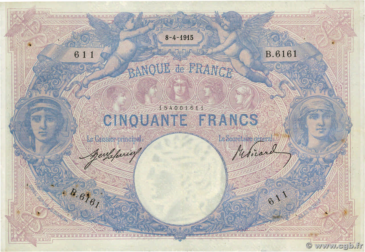 50 Francs BLEU ET ROSE FRANKREICH  1915 F.14.28 fSS