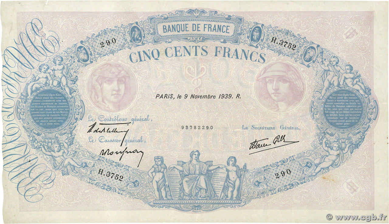 500 Francs BLEU ET ROSE modifié FRANKREICH  1939 F.31.47 SS