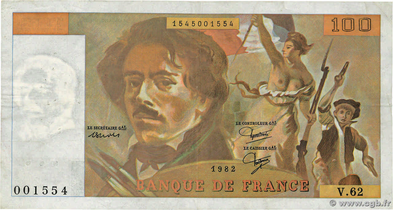 100 Francs DELACROIX modifié Fauté FRANCE  1982 F.69.06 TTB
