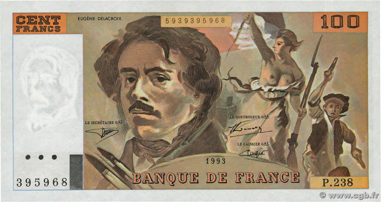 100 Francs DELACROIX imprimé en continu Fauté FRANCE  1993 F.69bis.08 SPL