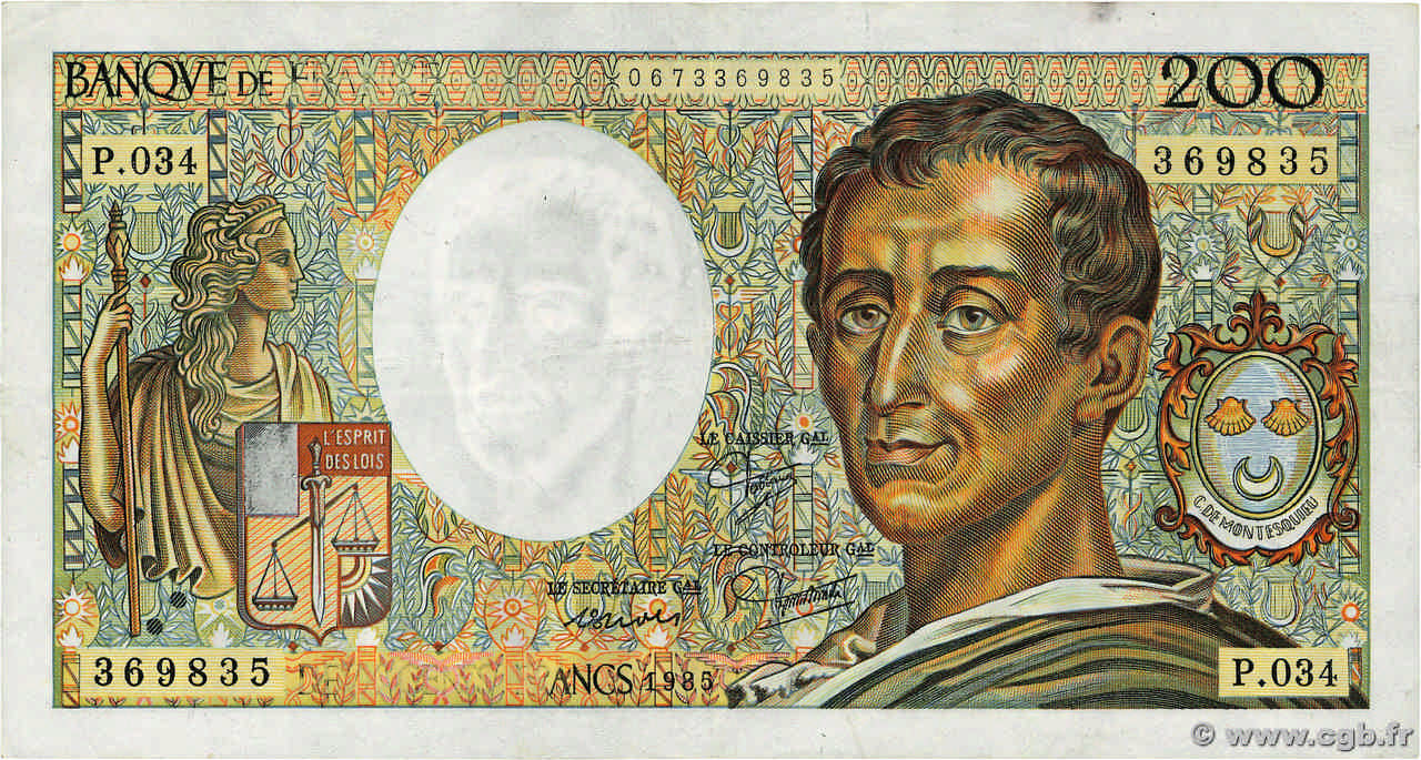 200 Francs MONTESQUIEU Fauté FRANCE  1985 F.70.05 VF-