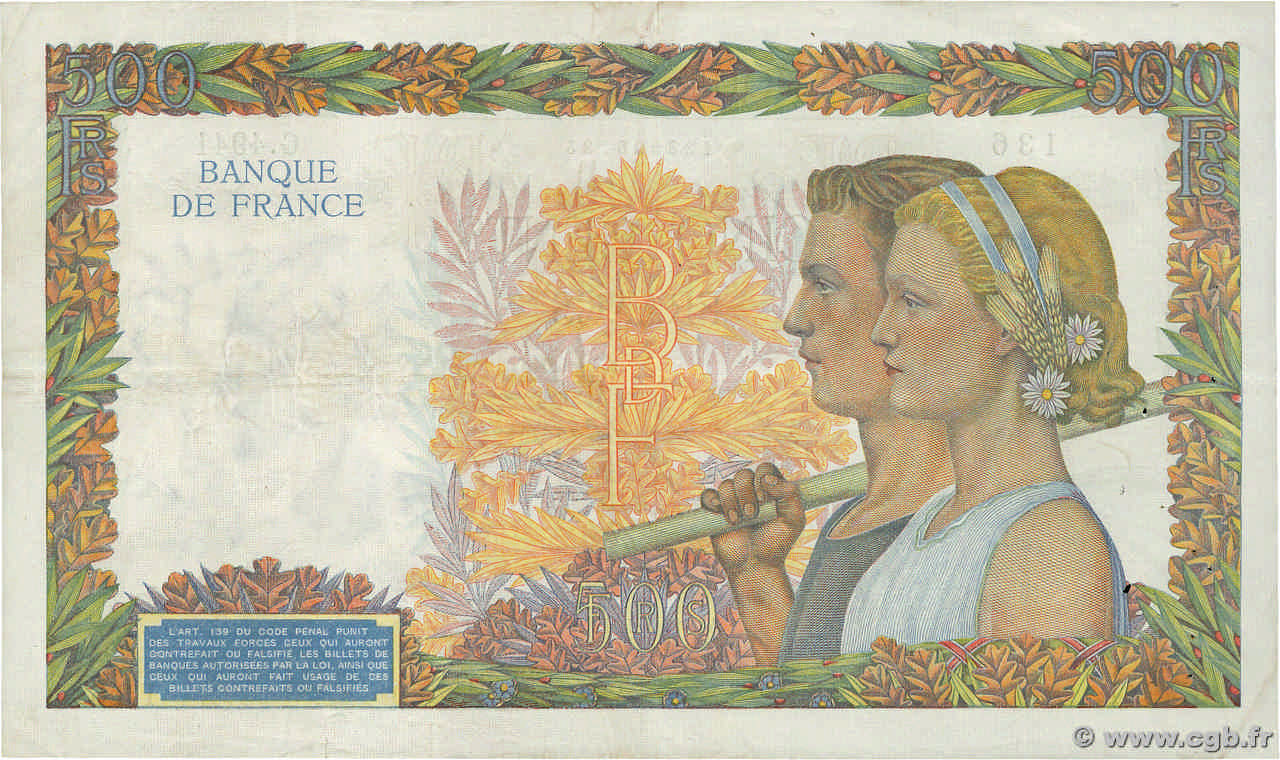 500 Francs LA PAIX FRANCE 1942 F.32.33 4070130 Billets