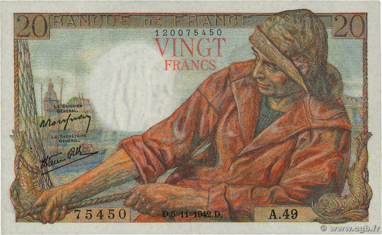 20 Francs PÊCHEUR FRANCE  1942 F.13.04 AU