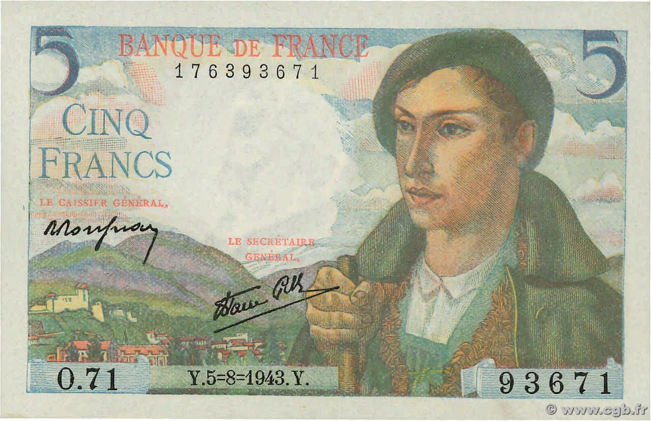 5 Francs BERGER FRANCE  1943 F.05.03 UNC