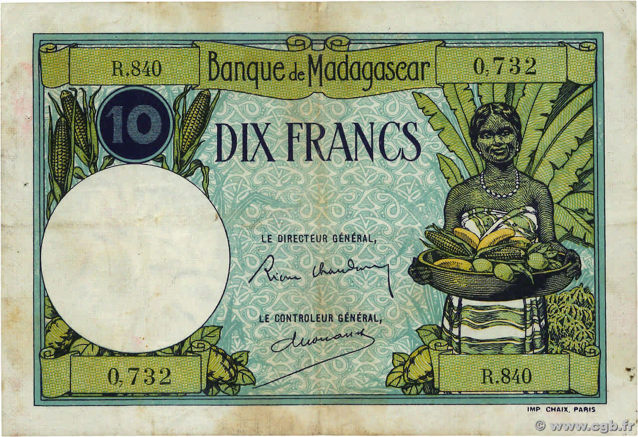 10 Francs MADAGASCAR  1937 P.036 VF