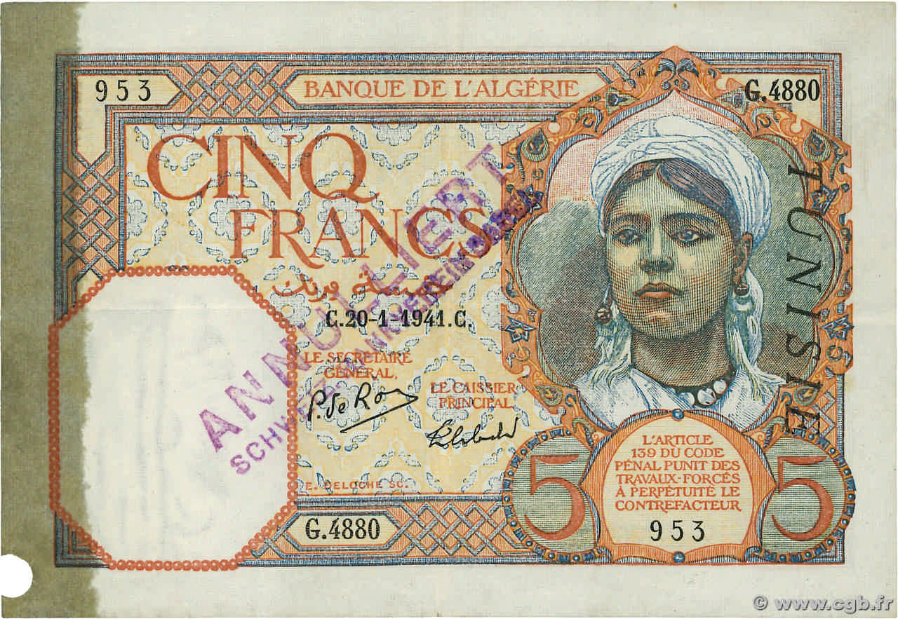 5 Francs ALGÉRIE  1941 P.077b pr.TTB