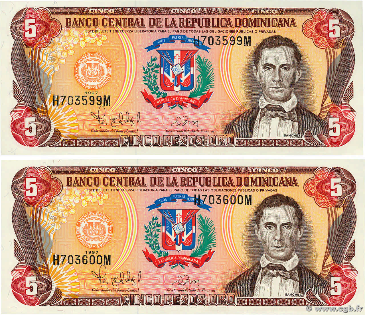 5 Pesos Oro Consécutifs RÉPUBLIQUE DOMINICAINE  1997 P.152b NEUF