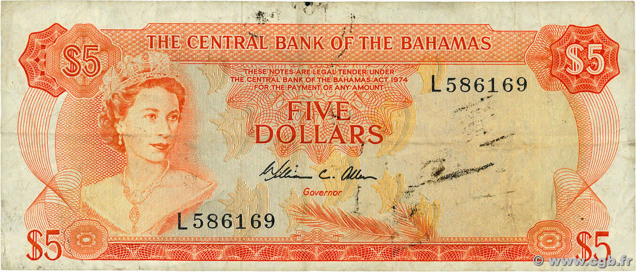 5 Dollars BAHAMAS  1968 P.29a TB