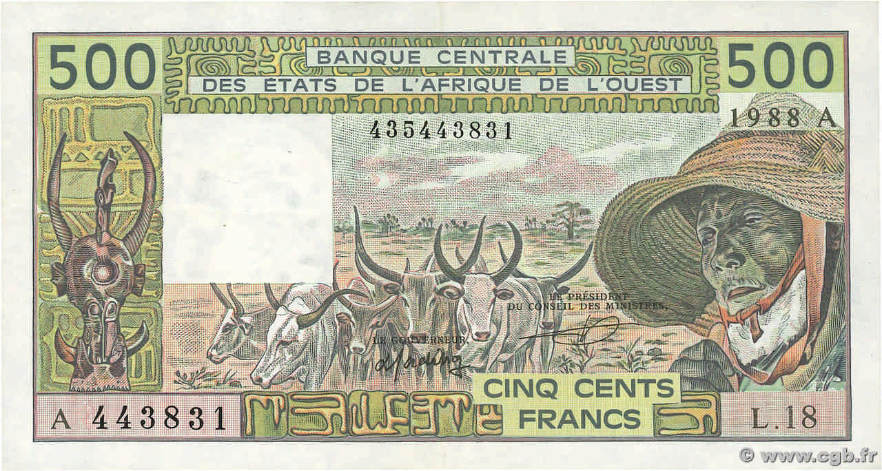 500 Francs ÉTATS DE L AFRIQUE DE L OUEST  1988 P.106Aa SUP