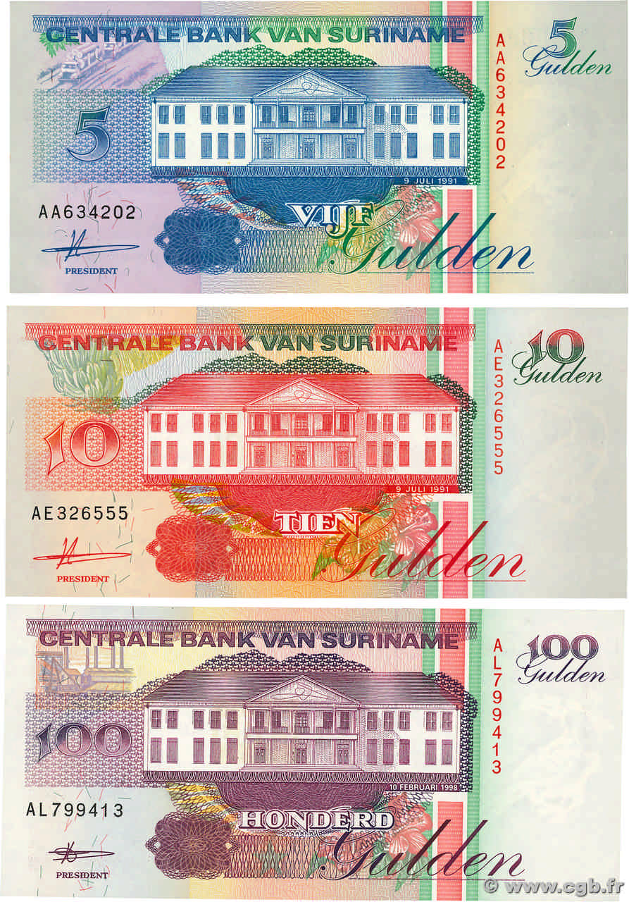 5, 10 et 100 Gulden Lot SURINAM  1998 P.136a, P.137a et P.139b NEUF