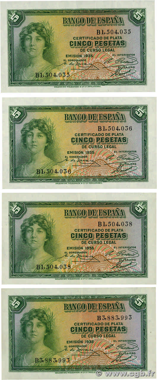 5 Pesetas Lot SPAIN  1935 P.085a XF