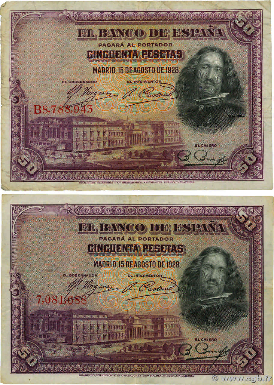 50 Pesetas Lot SPANIEN  1928 P.075a et P.075b S