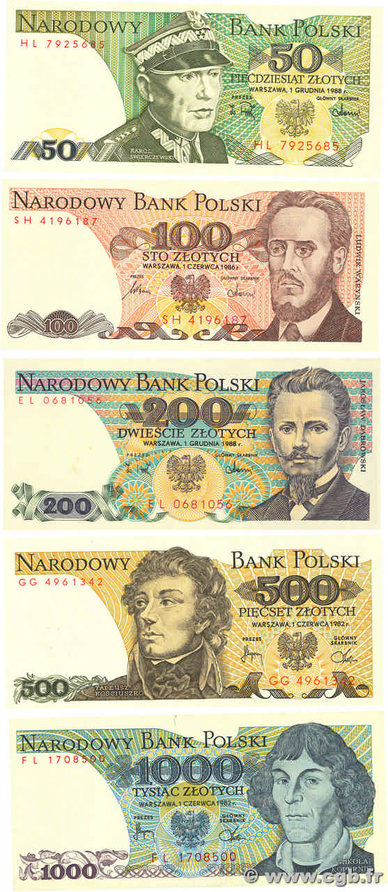 5, 100, 200, 500, 1000 Zlotych Lot POLOGNE  1988 P.142c, P.143e, P.144c, P.145d, P.146c pr.NEUF