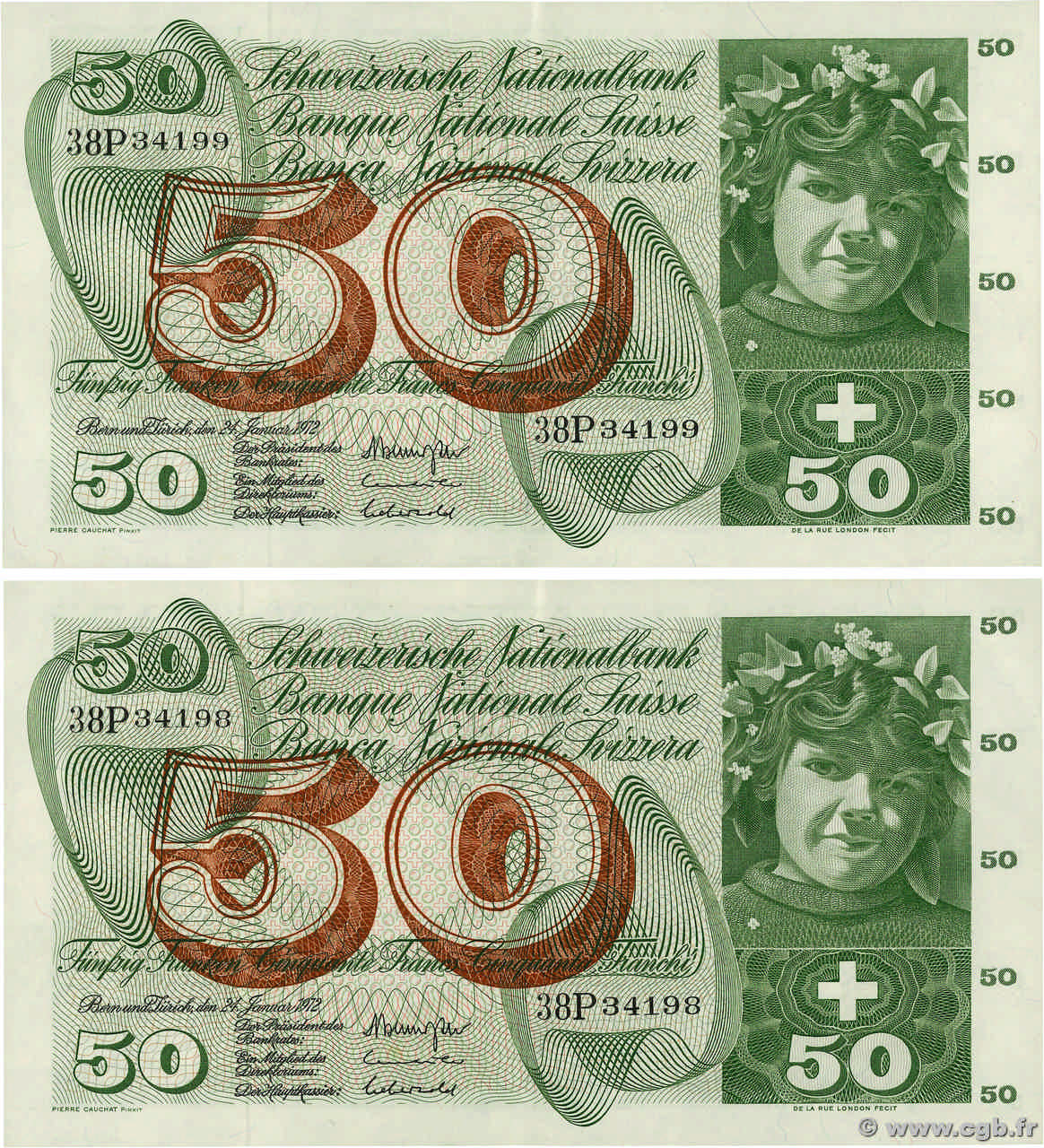 50 Francs Consécutifs SUISSE  1972 P.48l AU